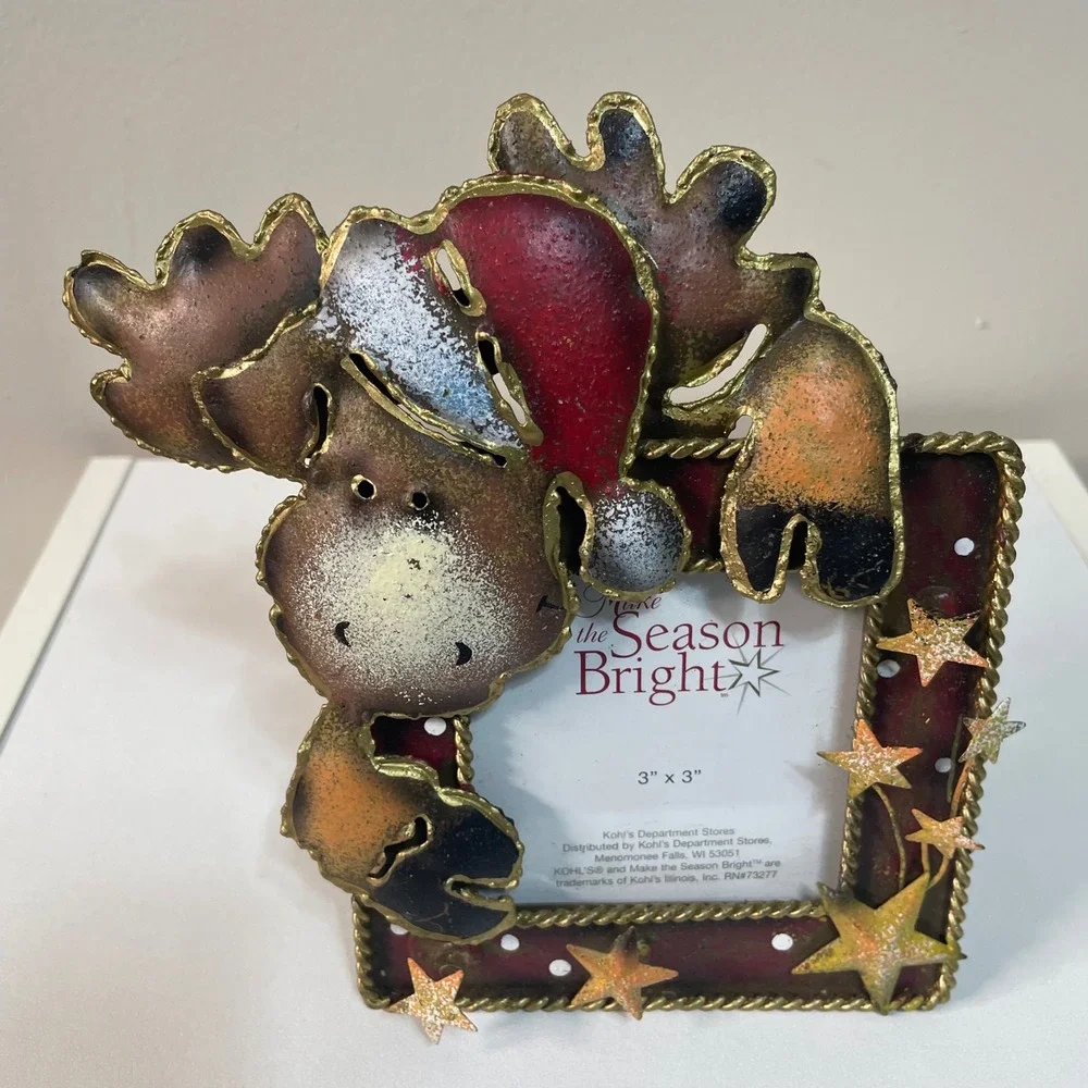 3D Christmas Moose Photo Picture Frame Holiday Decor 3x3 Stars‎
